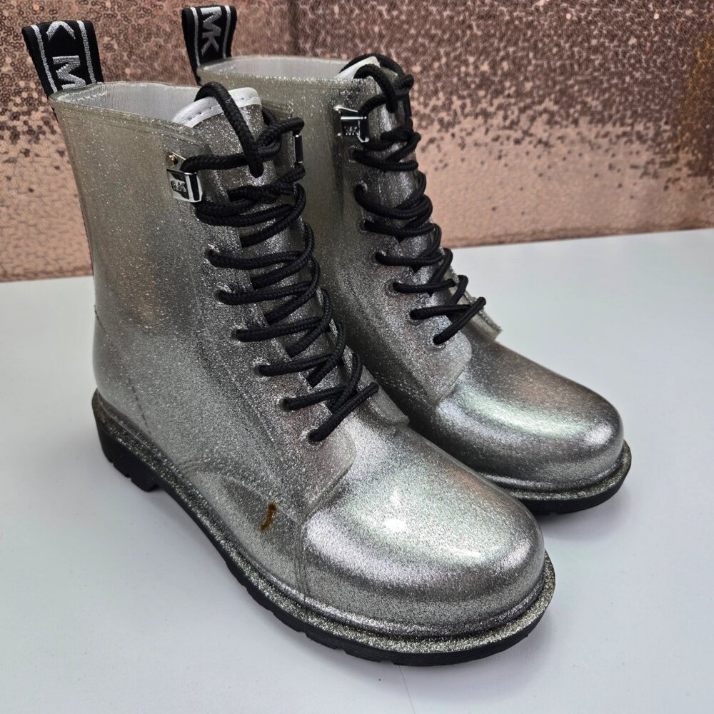 Michael Kors Tavie Rain Boots Shoes Size 7M Silver Glitter Waterproof Lace-Up